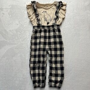 Art Class Overalls Toddler Girls 2T Buffalo Plaid Fox Fall Ruffle Sleeve Girly